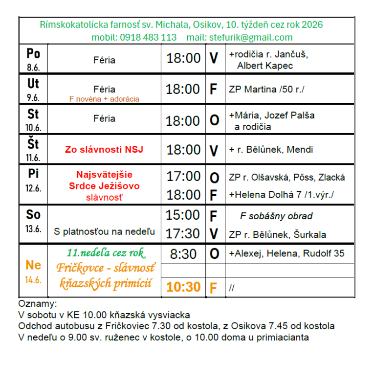 Program bohoslužieb_10. týždeň cez rok 2026